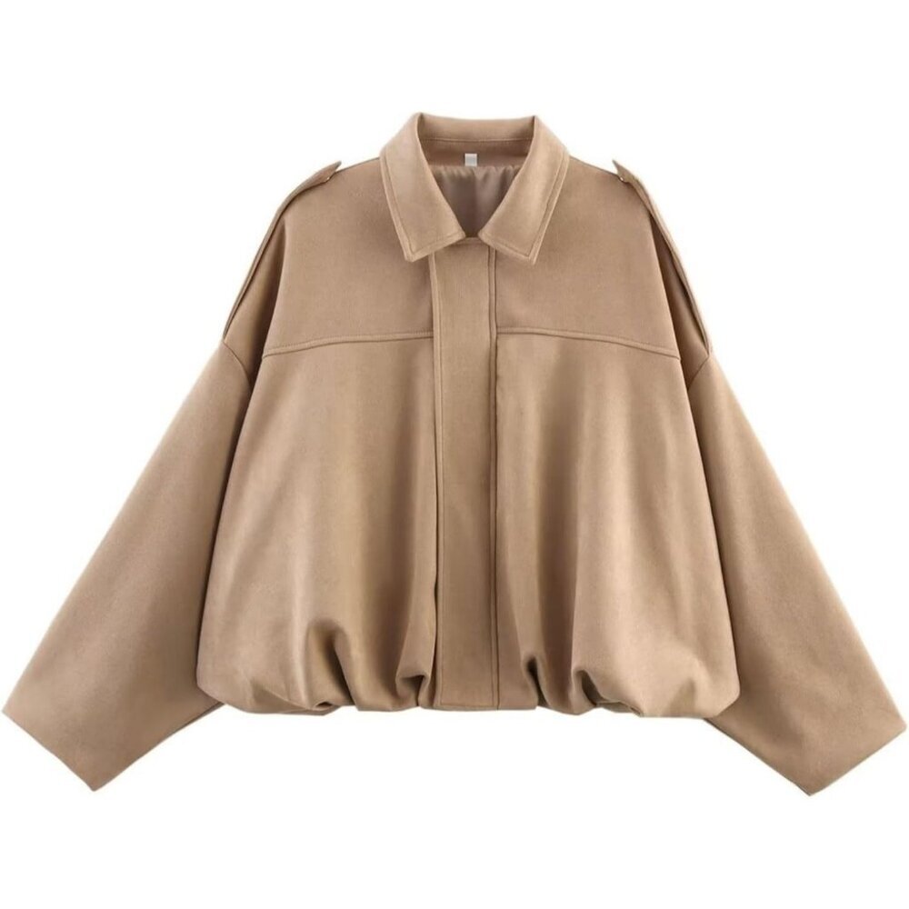 Women's Khaki Bomber Jacket Coat Streetwear Faux Fur Winter Warm Long Sleeves